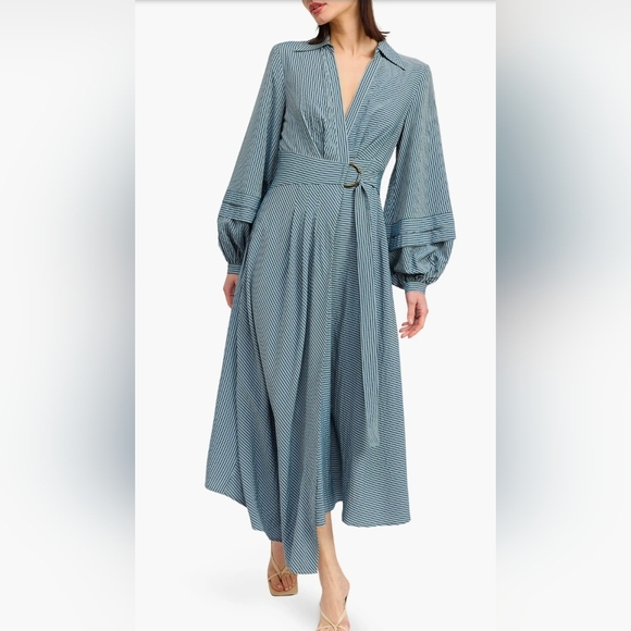 En Saison Berenger Stripe Long Sleeve Asymmetric Wrap Shirtdress Sz L - Picture 1 of 6